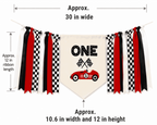 Race car highchair banner dimensions featuring a 30-inch ribbon garland with a 10.6 x 12-inch personalized center pennant, perfect for Fast One, Formula WON, racing birthday, and cake smash decorations.