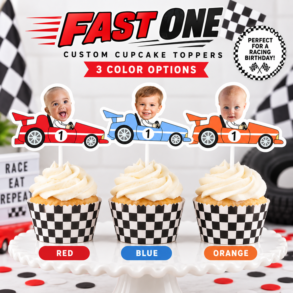 Fast One personalized race car photo cupcake toppers shown in red blue and orange color options for a first birthday racing theme