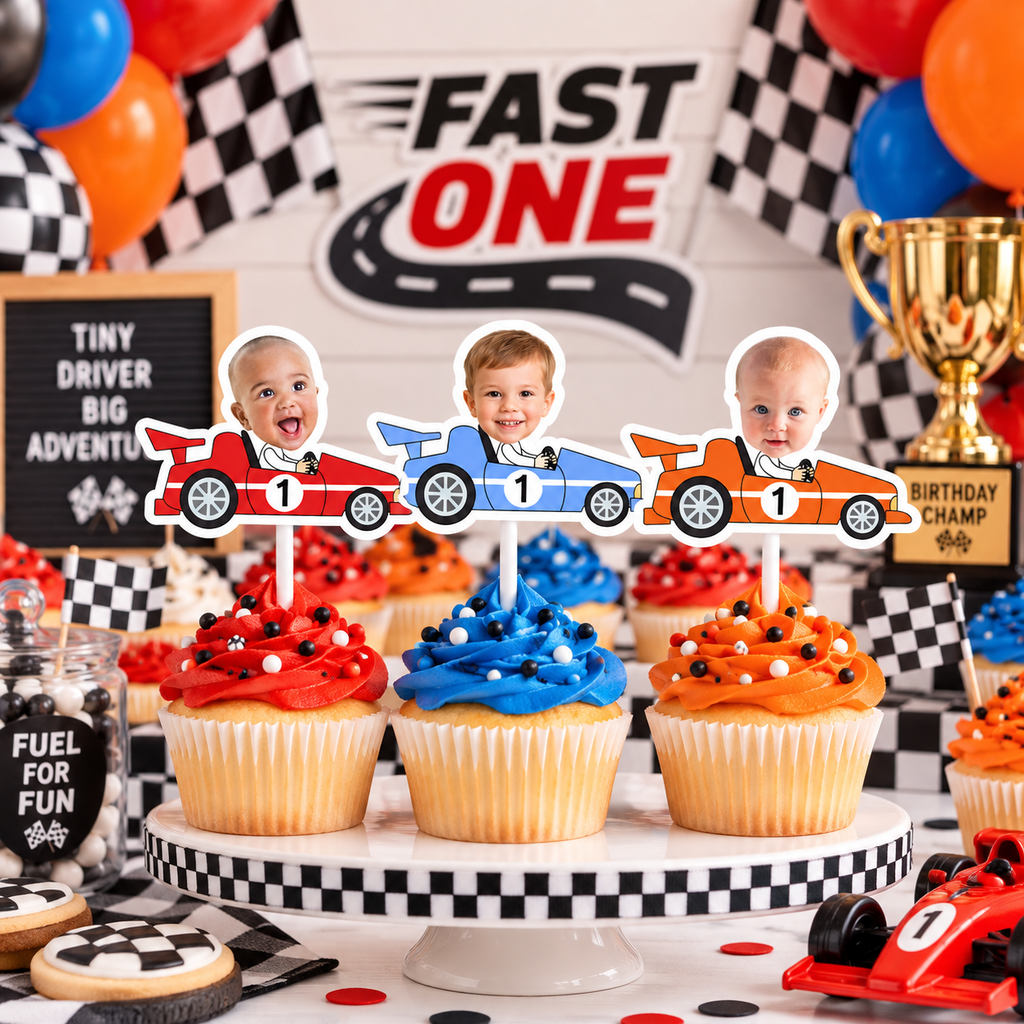 Fast One personalized race car photo cupcake toppers in red blue and orange displayed at a first birthday racing party