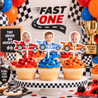 Fast One personalized race car photo cupcake toppers in red blue and orange displayed at a first birthday racing party