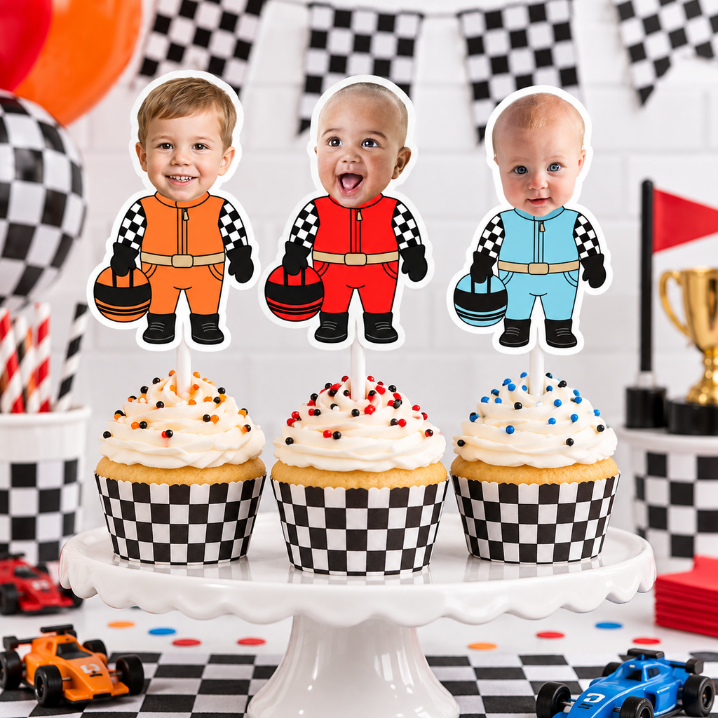 Fast One birthday cupcake display featuring personalized child photo race car driver toppers in orange red and blue