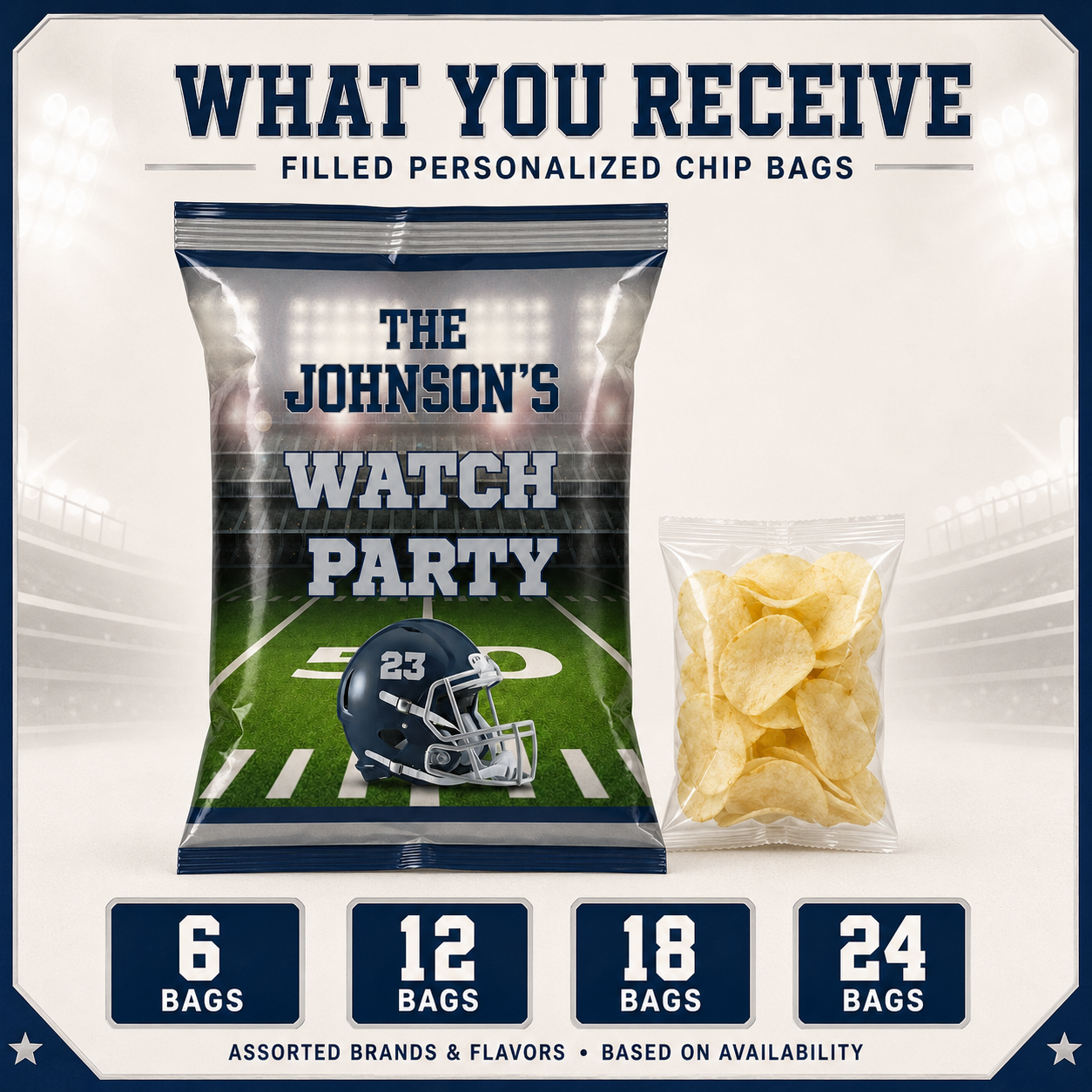 Personalized football chip bags filled with individually sealed assorted chips and available in quantities of 6, 12, 18 or 24 party favors.