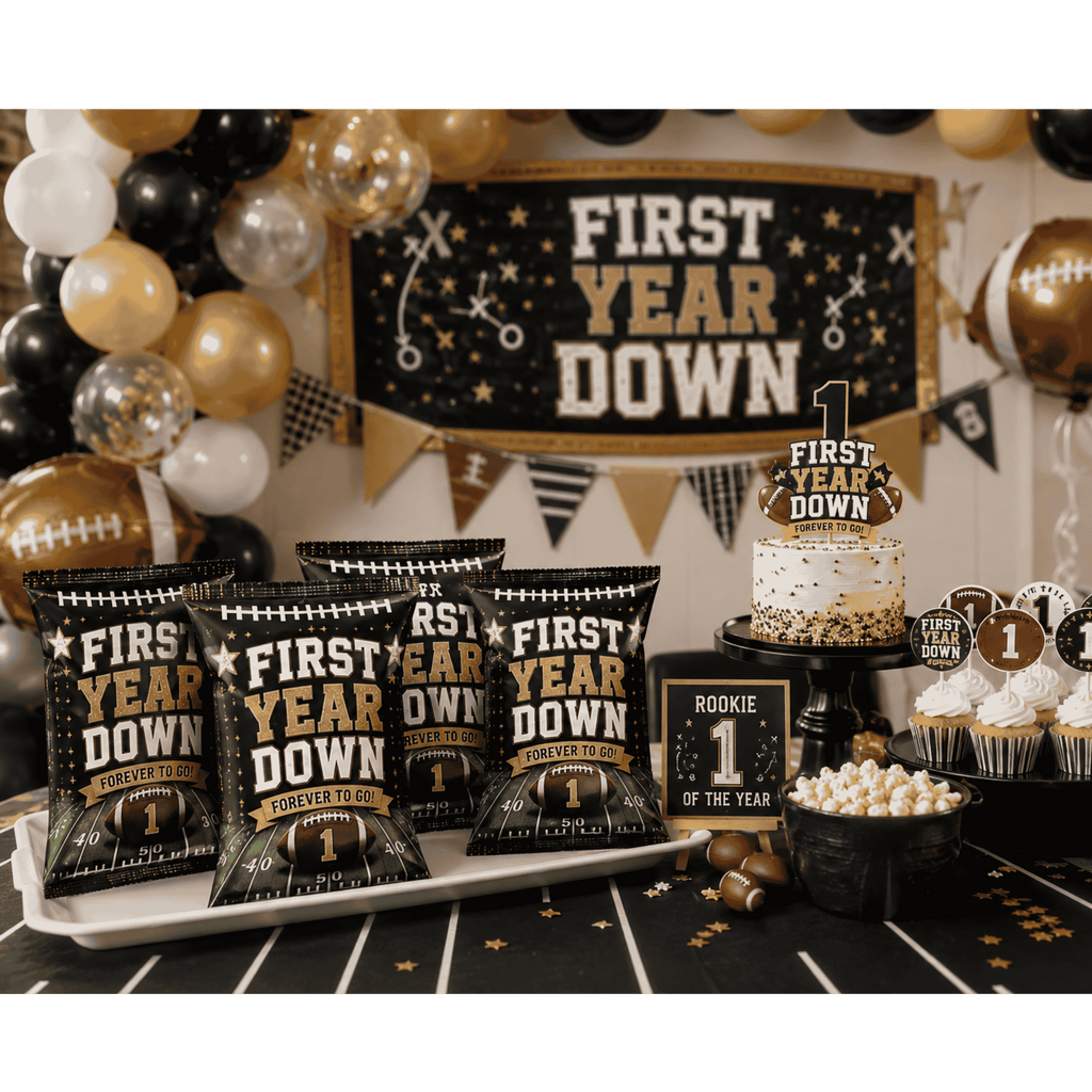 Custom football themed first birthday party chip bags featuring black gold football decorations for first year down birthday celebration