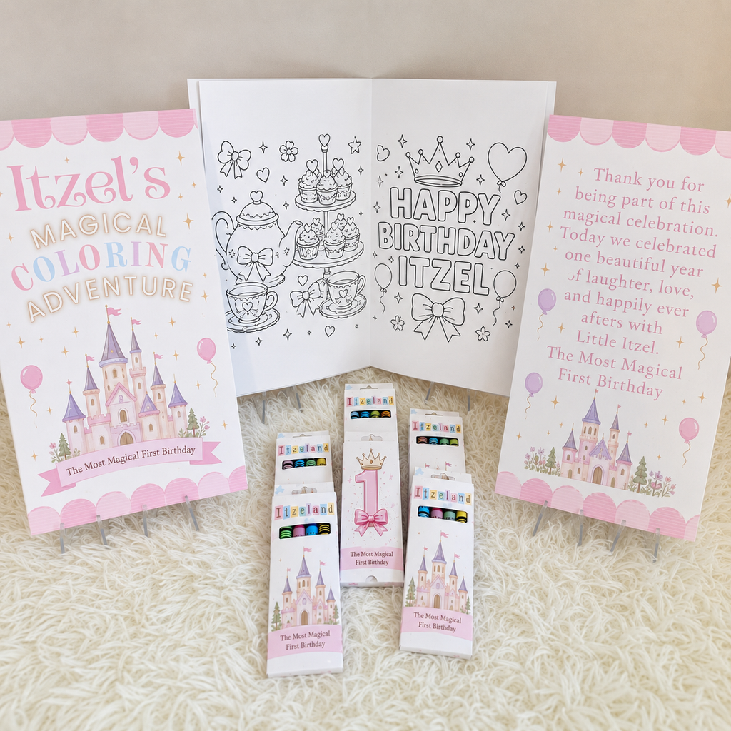 First Birthday Castle Coloring Book party favor display featuring a personalized fairytale castle coloring book, custom crayon boxes, princess-themed activity pages, and matching thank you sign. Perfect for castle birthday parties, princess first birthdays, royal birthday celebrations, fairytale birthday favors, birthday activity books, kids party favors, and personalized coloring book party favors.