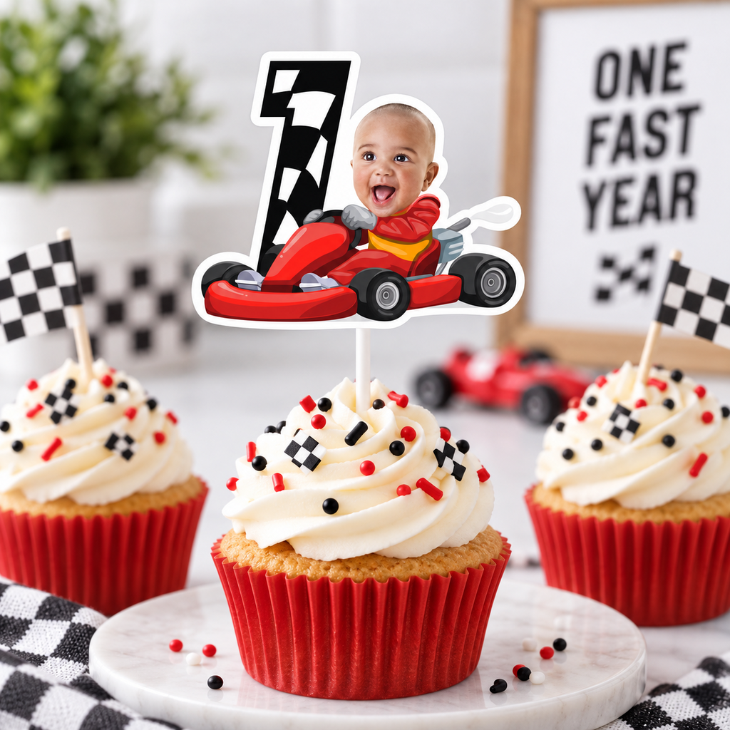 Personalized first birthday race car cupcake topper featuring a child photo and custom age one racing number