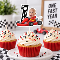 Personalized first birthday race car cupcake topper featuring a child photo and custom age one racing number