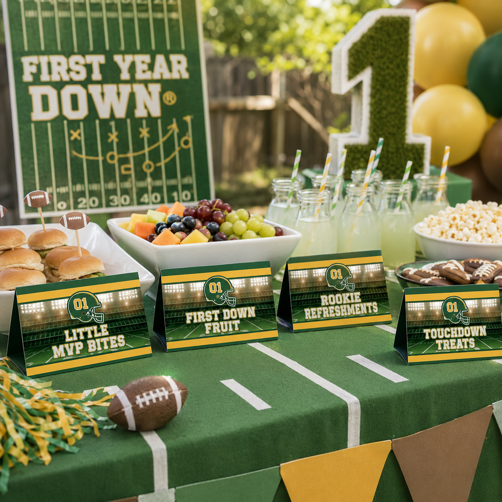 Green and yellow personalized football food table tents displayed at a FIRST YEAR DOWN® first birthday buffet.