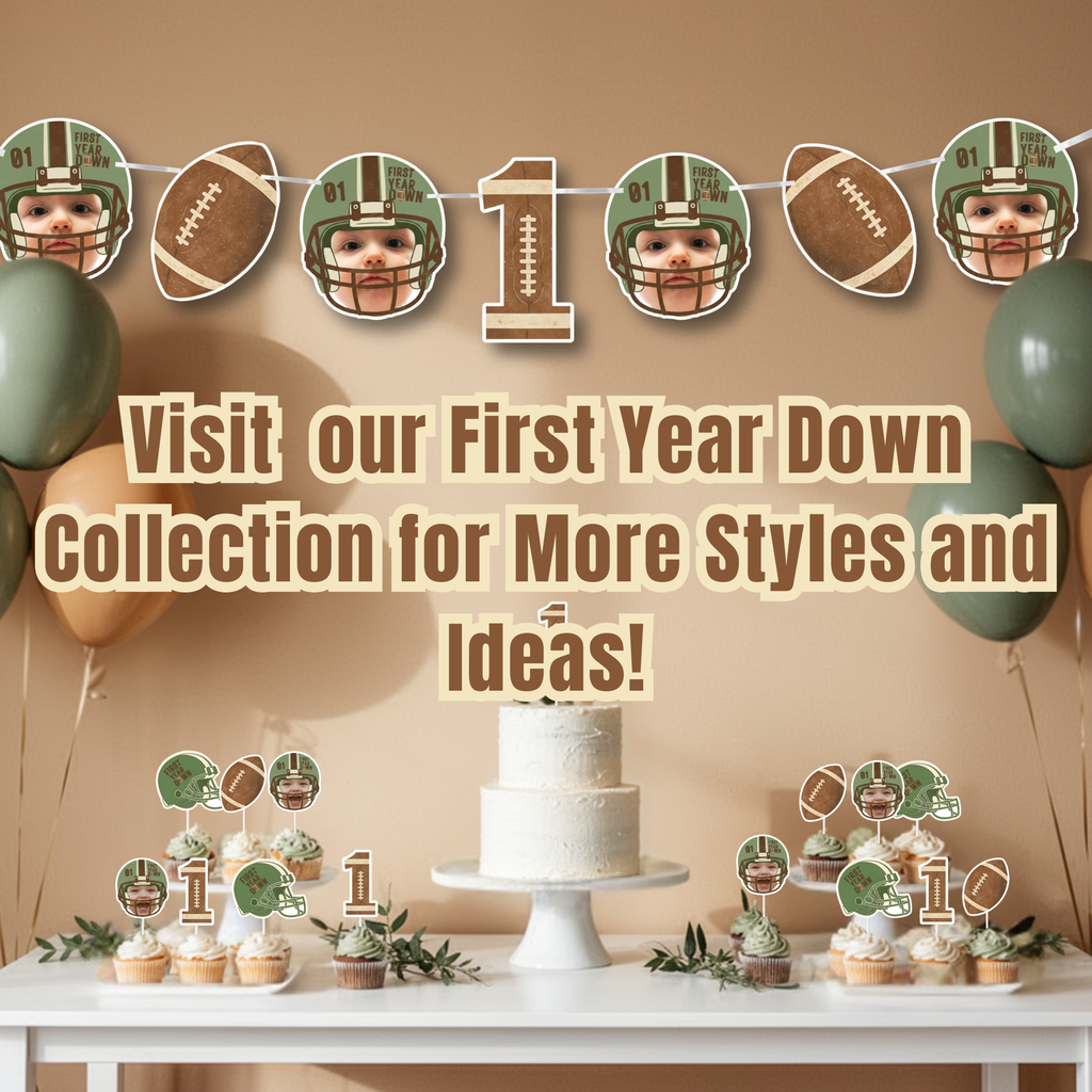 First Year Down football birthday banner and matching cupcake toppers styled on a neutral dessert table with balloons. Personalized football first birthday decorations featuring baby face helmet banner, football accents, and Rookie of the Year party decor. Styled First Year Down football themed first birthday dessert table featuring personalized baby photo banner, coordinating cupcake toppers, football number one decorations, and matching party accents. This display showcases bundle inspiration for a Rookie