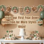 First Year Down football birthday banner and matching cupcake toppers styled on a neutral dessert table with balloons. Personalized football first birthday decorations featuring baby face helmet banner, football accents, and Rookie of the Year party decor. Styled First Year Down football themed first birthday dessert table featuring personalized baby photo banner, coordinating cupcake toppers, football number one decorations, and matching party accents. This display showcases bundle inspiration for a Rookie