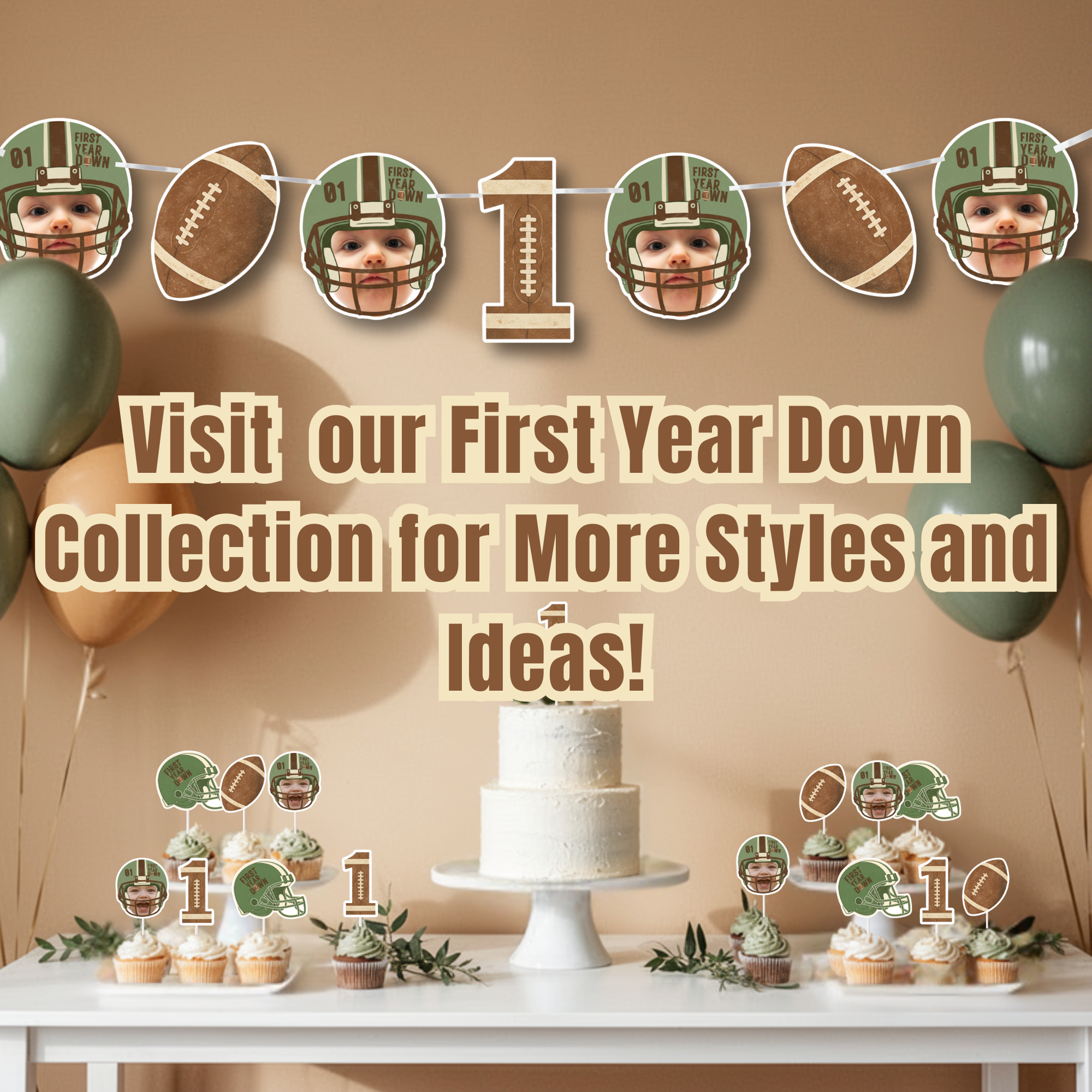 First Year Down football birthday banner and matching cupcake toppers styled on a neutral dessert table with balloons. Personalized football first birthday decorations featuring baby face helmet banner, football accents, and Rookie of the Year party decor. Styled First Year Down football themed first birthday dessert table featuring personalized baby photo banner, coordinating cupcake toppers, football number one decorations, and matching party accents. This display showcases bundle inspiration for a Rookie