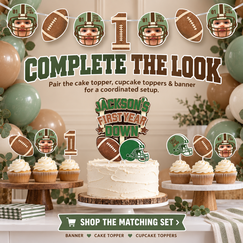 Coordinated First Year Down football first birthday party decor with personalized cake topper cupcake toppers and matching banner in green brown and cream