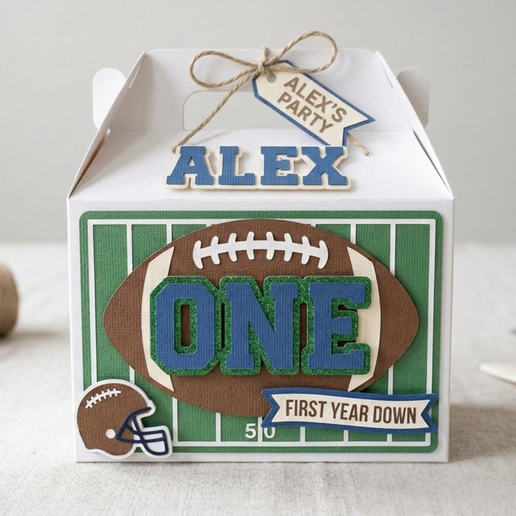 Custom football themed First Year Down birthday party favor box featuring layered cardstock football field design, raised number one centerpiece, and handmade first birthday party decorations.