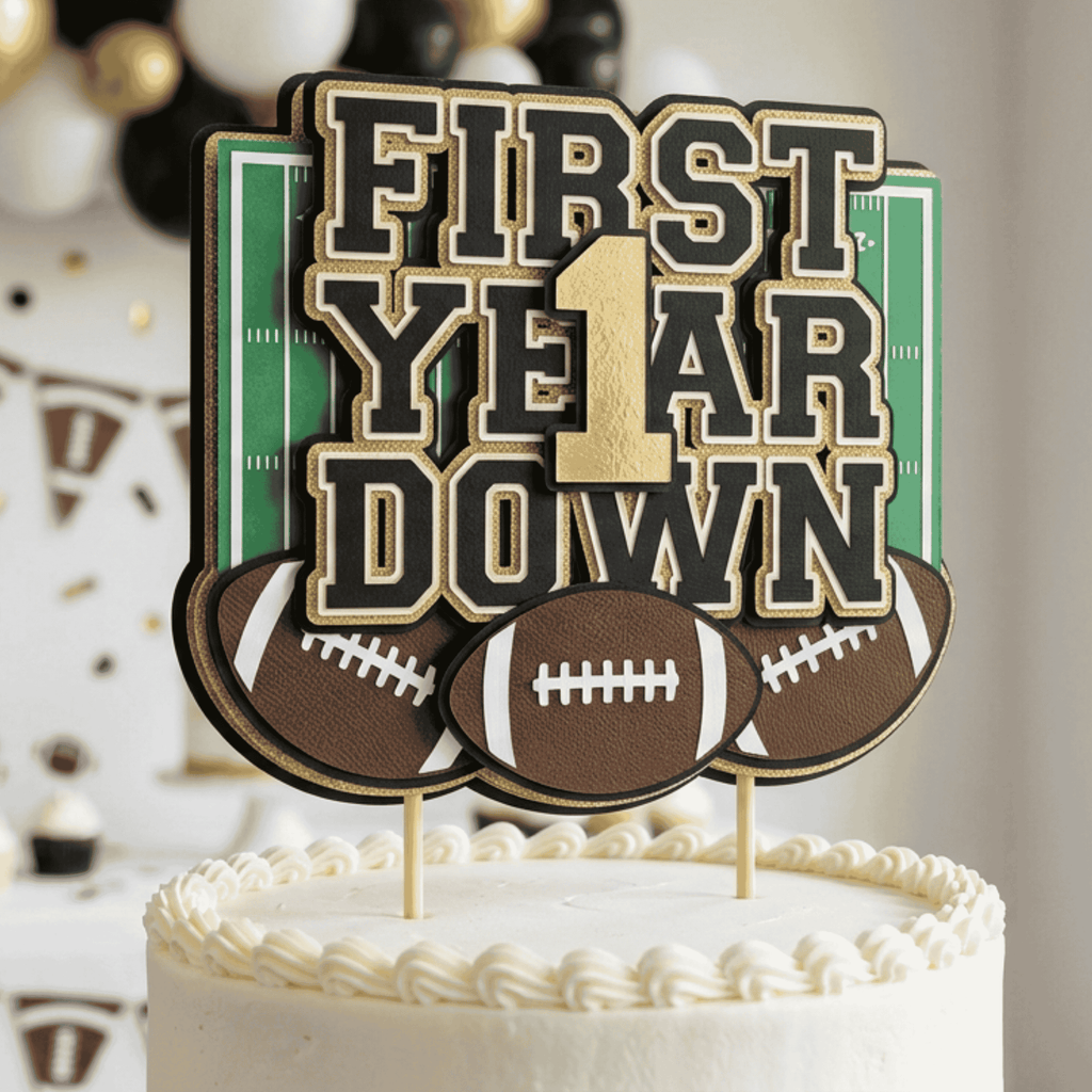Football themed first birthday cake topper featuring football field footballs black gold lettering and layered cardstock handmade sports birthday cake decoration