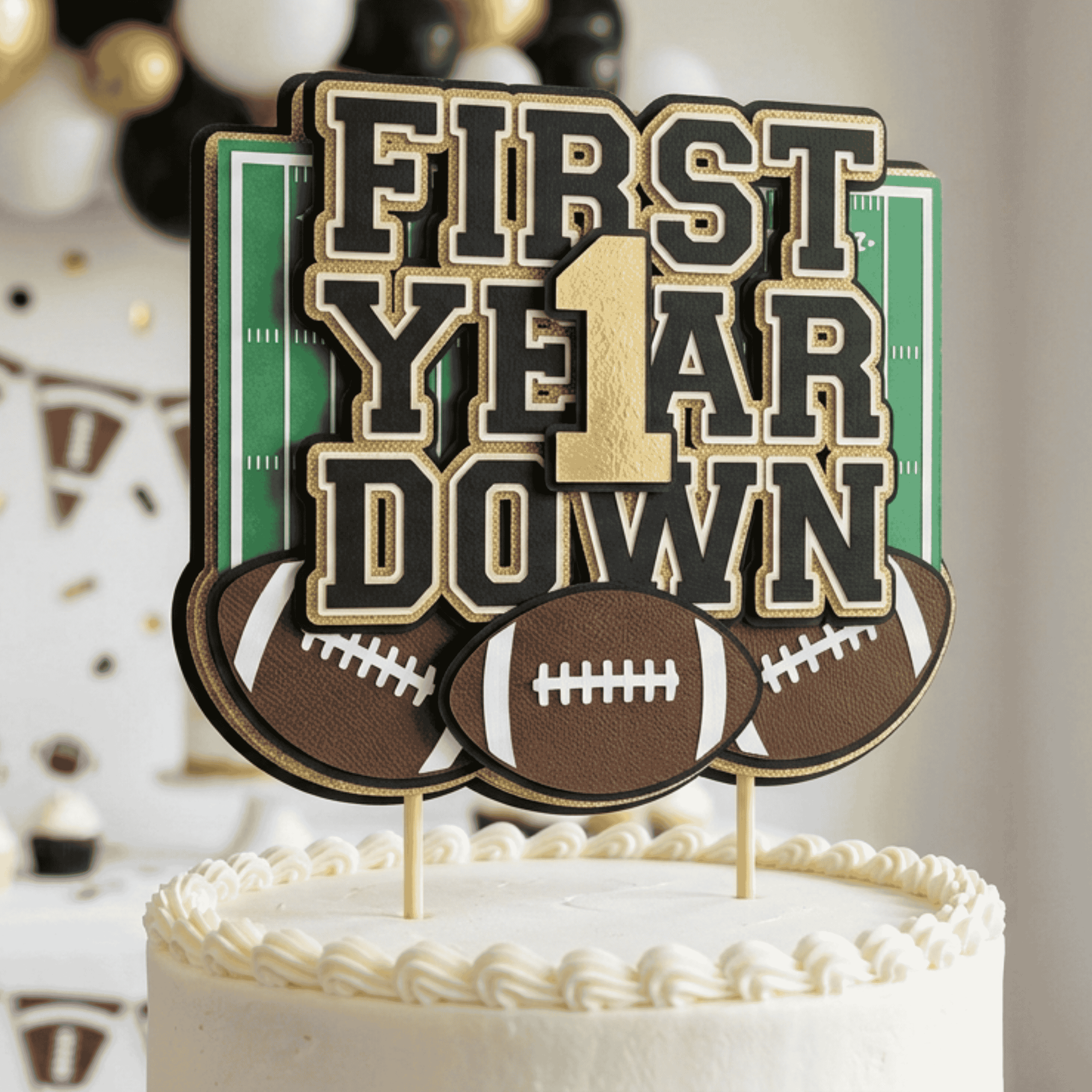 Football themed first birthday cake topper featuring football field footballs black gold lettering and layered cardstock handmade sports birthday cake decoration