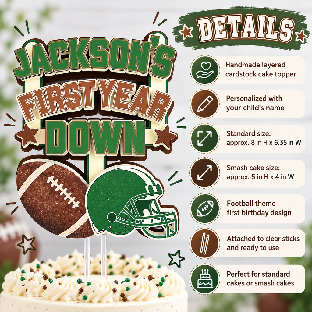 Details of personalized First Year Down layered cardstock football cake topper with standard and smash cake size options in green brown and cream