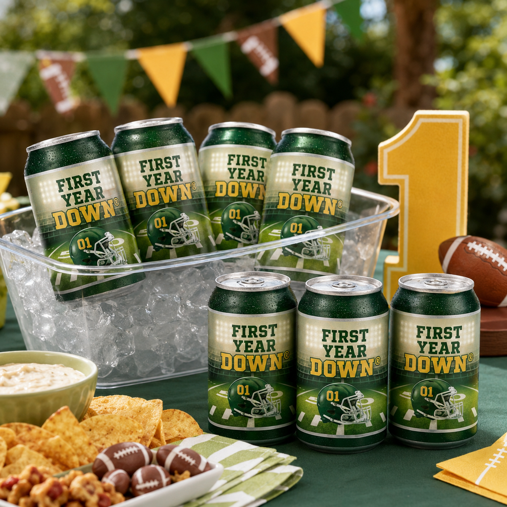 Green and yellow FIRST YEAR DOWN® football labels displayed on silver soda cans at a first birthday refreshment table.