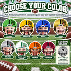 First Year Down personalized football photo banner color options showing green yellow blue gold silver white and green orange maroon and custom team colors