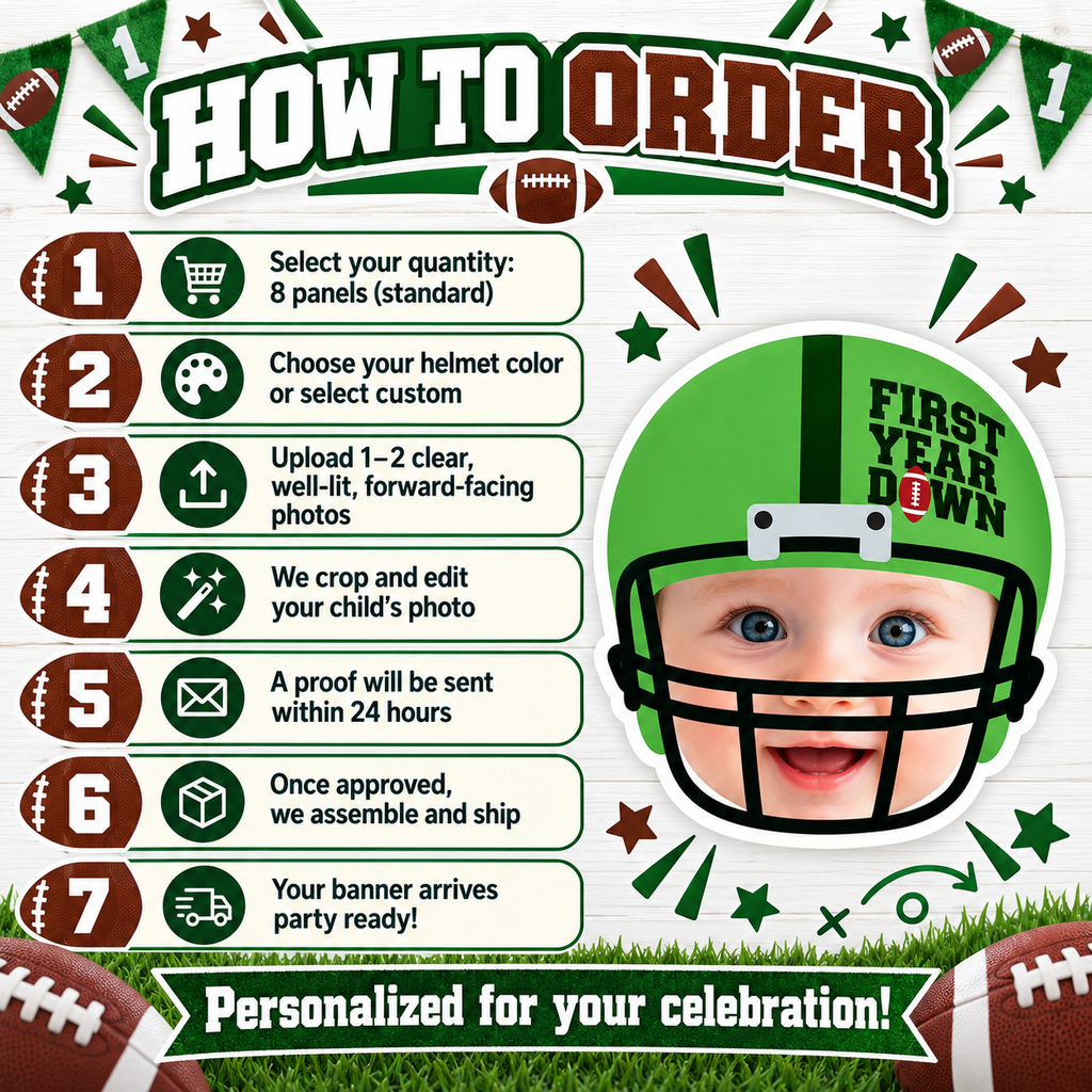 How to order a personalized First Year Down football photo banner by selecting eight panels choosing a helmet color uploading a child photo reviewing the proof and receiving an assembled party ready banner