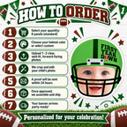 How to order a personalized First Year Down football photo banner by selecting eight panels choosing a helmet color uploading a child photo reviewing the proof and receiving an assembled party ready banner