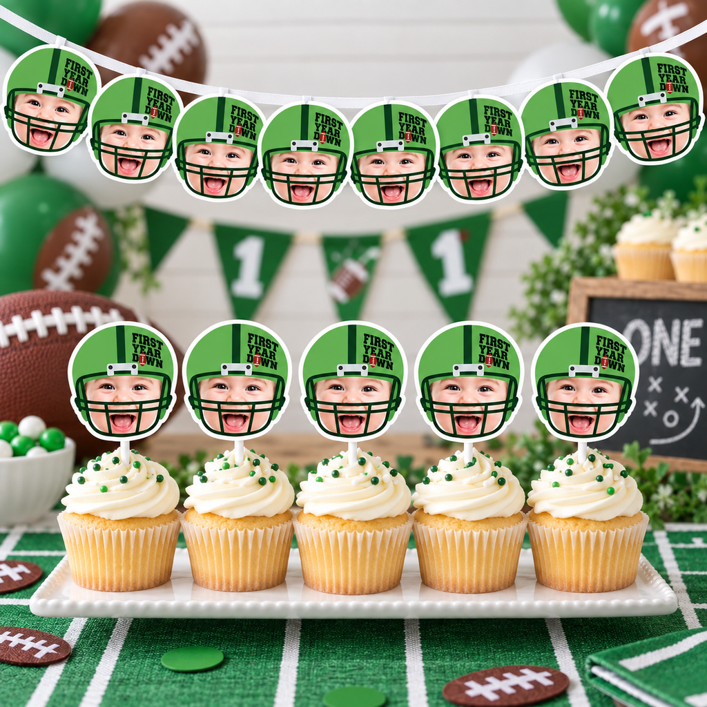 Matching personalized First Year Down football photo banner and cupcake toppers featuring a child face in a green football helmet for a coordinated first birthday party display
