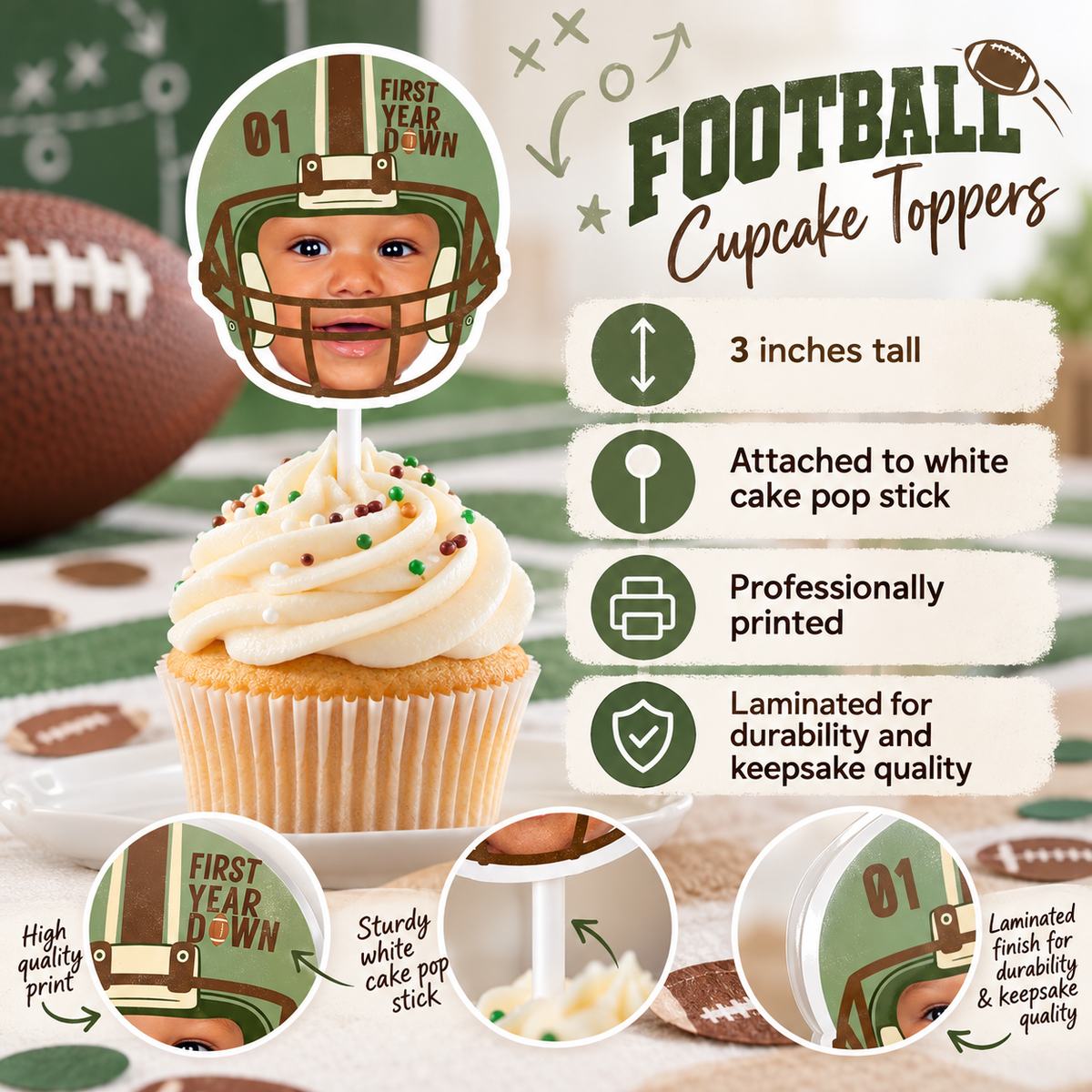 Personalized First Year Down football photo cupcake topper featuring a child's face inside a vintage green helmet, approximately 3 inches tall, professionally printed, laminated, and attached to a white cake pop stick.