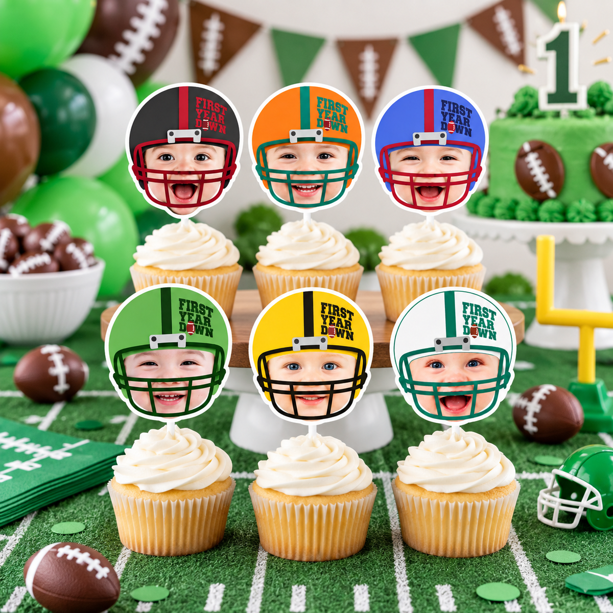 Personalized First Year Down football photo cupcake toppers featuring child faces in multiple helmet colors displayed on cupcakes for a football first birthday party