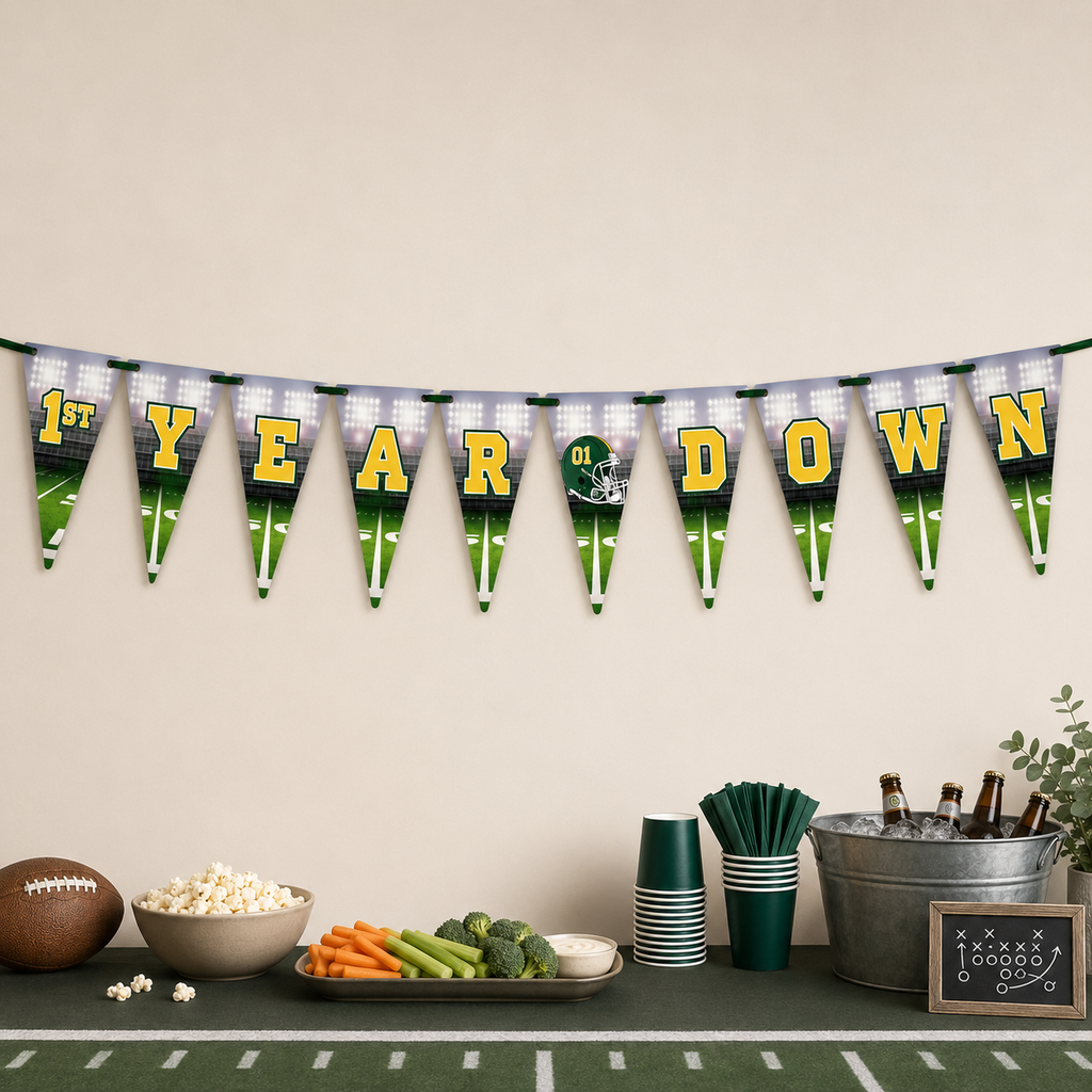 Green and yellow First Year Down football birthday banner displayed above a coordinated party snack table.