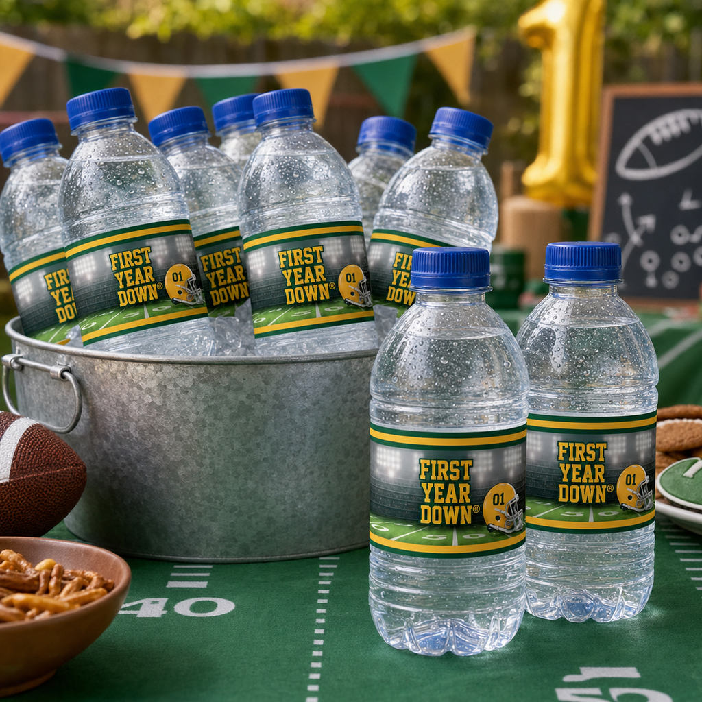 Green and yellow FIRST YEAR DOWN® water bottle labels displayed at a football first birthday party with helmet number 01.