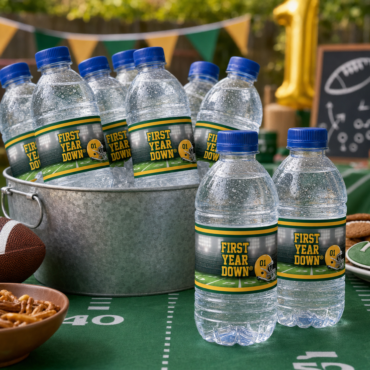Green and yellow FIRST YEAR DOWN® water bottle labels displayed at a football first birthday party with helmet number 01.