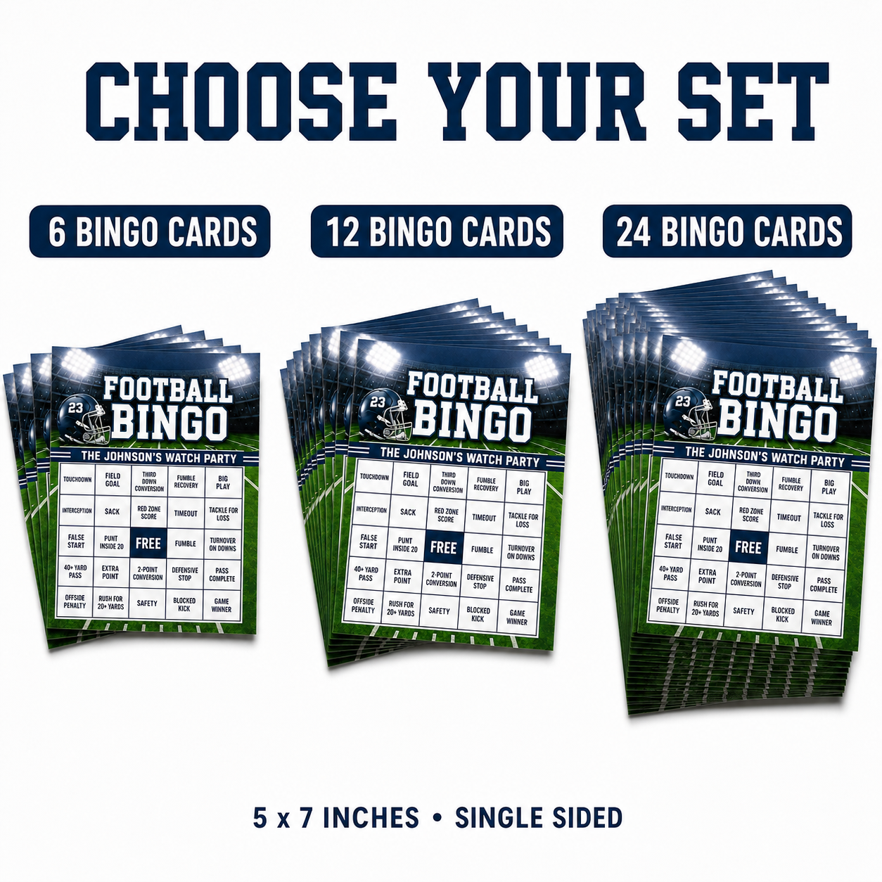 Football bingo card quantity options showing sets of 6 12 and 24 cards