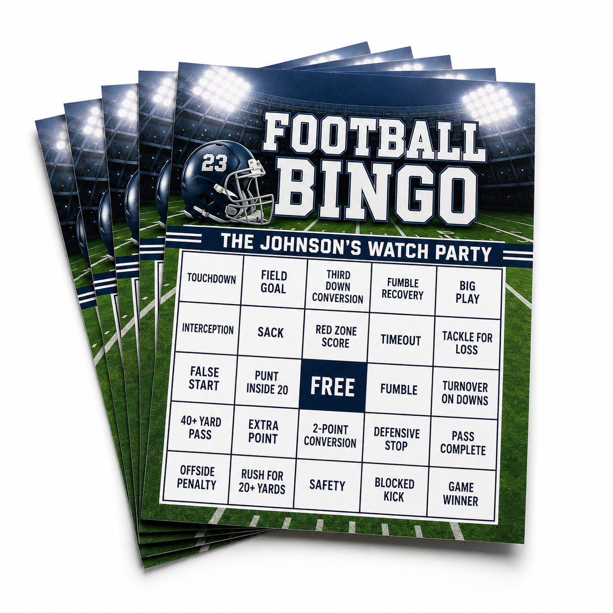 Set of personalized football bingo cards featuring a navy stadium design and football helmet