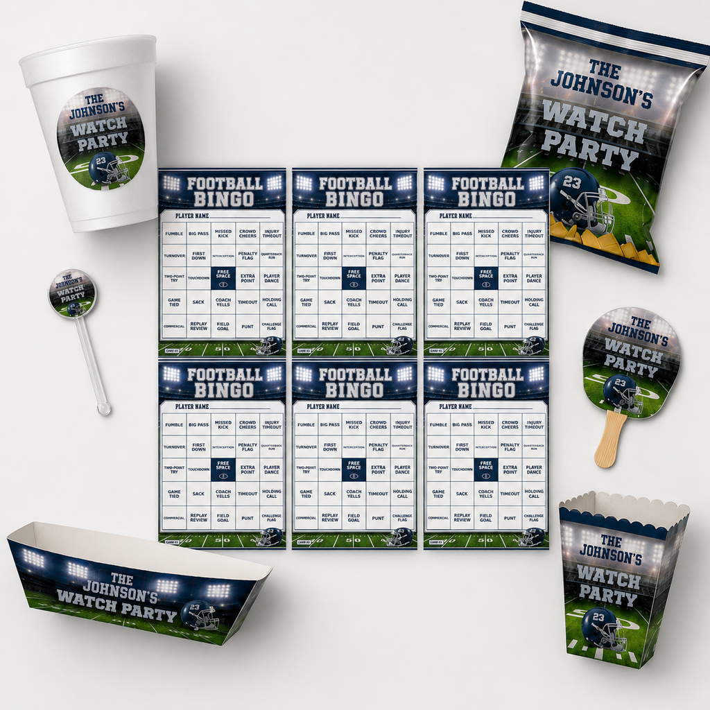 Football bingo cards displayed with coordinating football watch party cups snacks and decorations