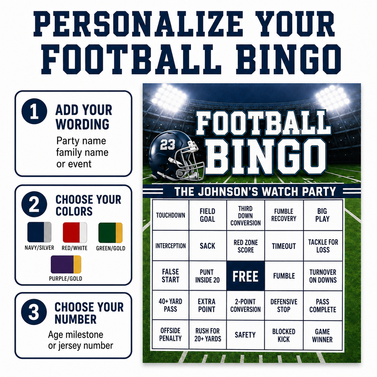 Football bingo personalization guide showing event details team colors and helmet number options