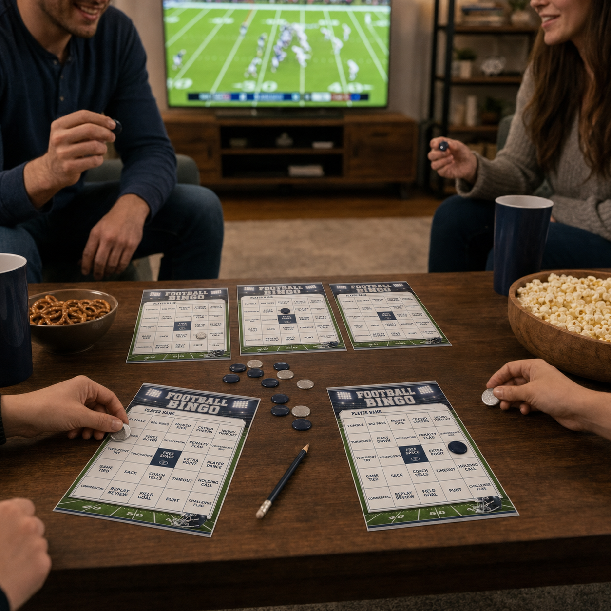 Guests playing football bingo together during a football watch party