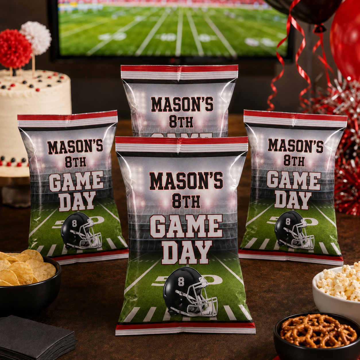 Red black and white personalized football chip bags displayed for Mason’s 8th Game Day birthday party with coordinating game day snacks.
