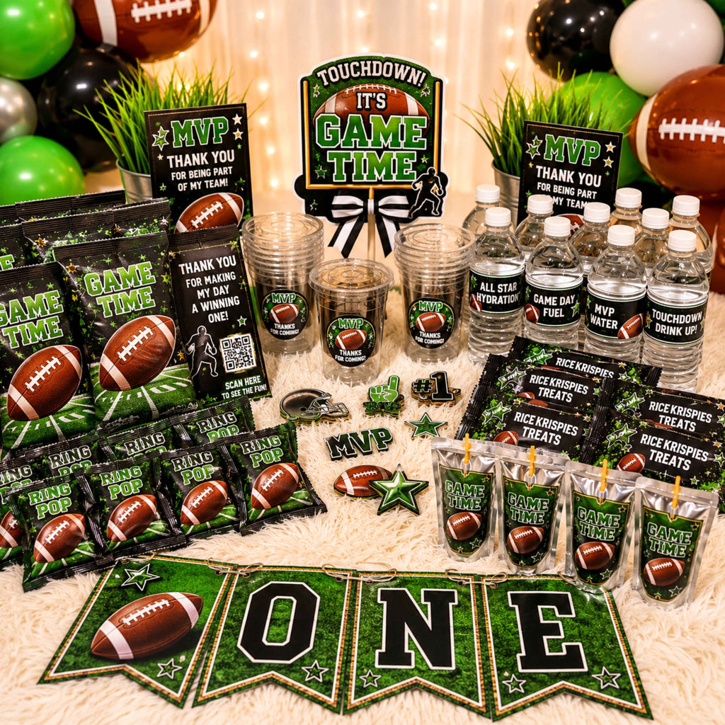 Custom football birthday party favor bundle featuring personalized football themed chip bags, water bottle labels, juice pouch labels, rice krispie treat wrappers, ring pop wrappers, custom cups, stickers, birthday banner, custom cake topper, cupcake toppers, football party decorations, sports birthday party supplies, football first birthday party favors, and personalized custom party favor bundle for boys birthday celebrations
