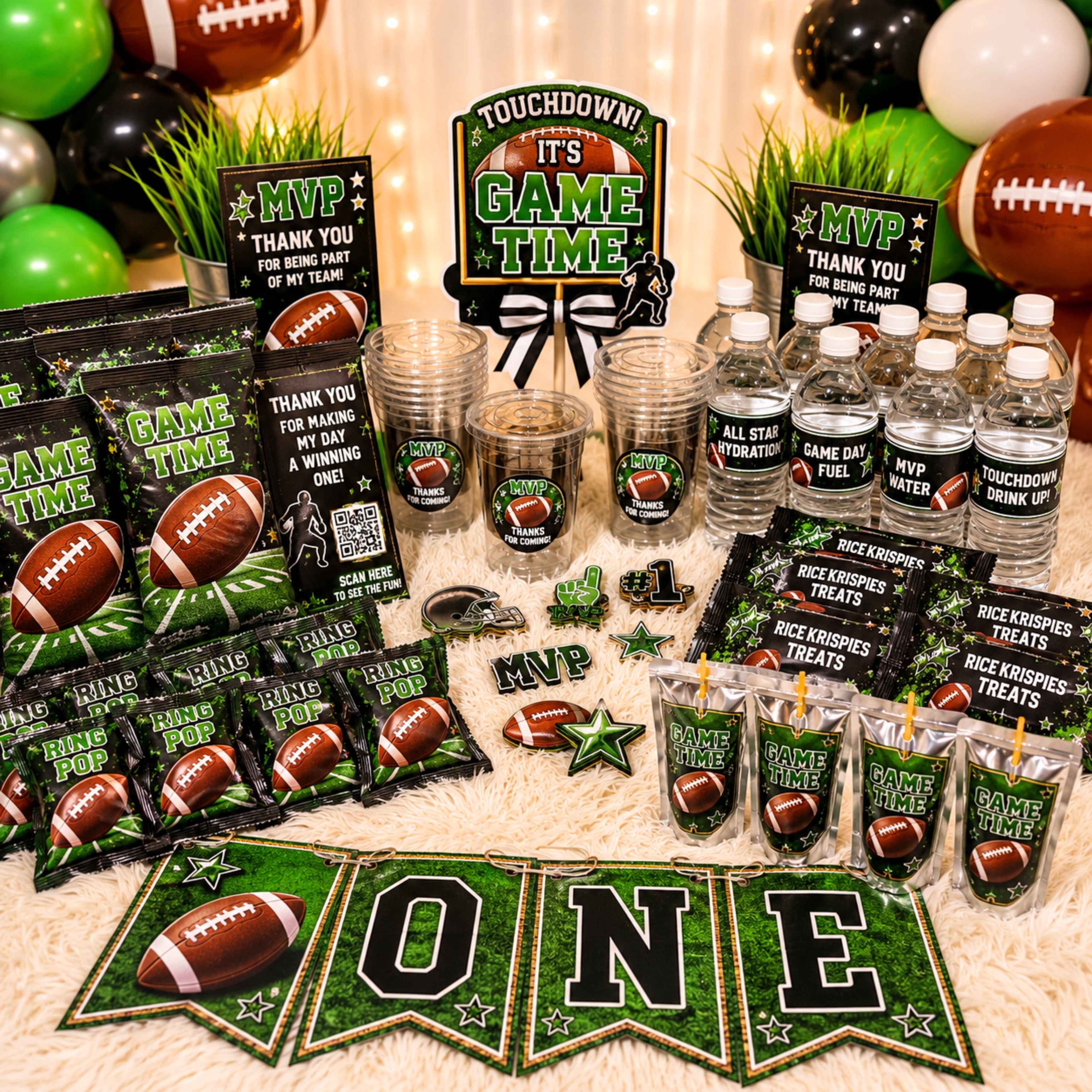 Custom football birthday party favor bundle featuring personalized football themed chip bags, water bottle labels, juice pouch labels, rice krispie treat wrappers, ring pop wrappers, custom cups, stickers, birthday banner, custom cake topper, cupcake toppers, football party decorations, sports birthday party supplies, football first birthday party favors, and personalized custom party favor bundle for boys birthday celebrations