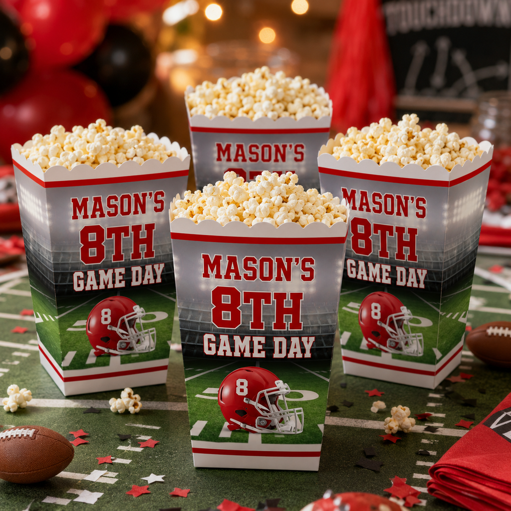 Red and black personalized football popcorn containers for an eighth birthday game day party