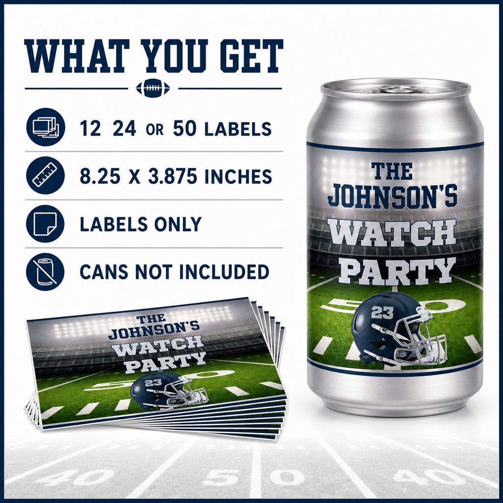 Personalized football can labels available in sets of 12, 24 or 50 and sized 8.25 by 3.875 inches for standard 12-ounce cans.