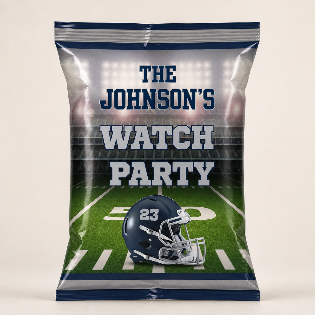 personalized football chip bag with custom watch party wording, navy and silver colors, stadium design and helmet number 23.