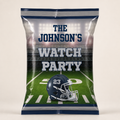 personalized football chip bag with custom watch party wording, navy and silver colors, stadium design and helmet number 23.