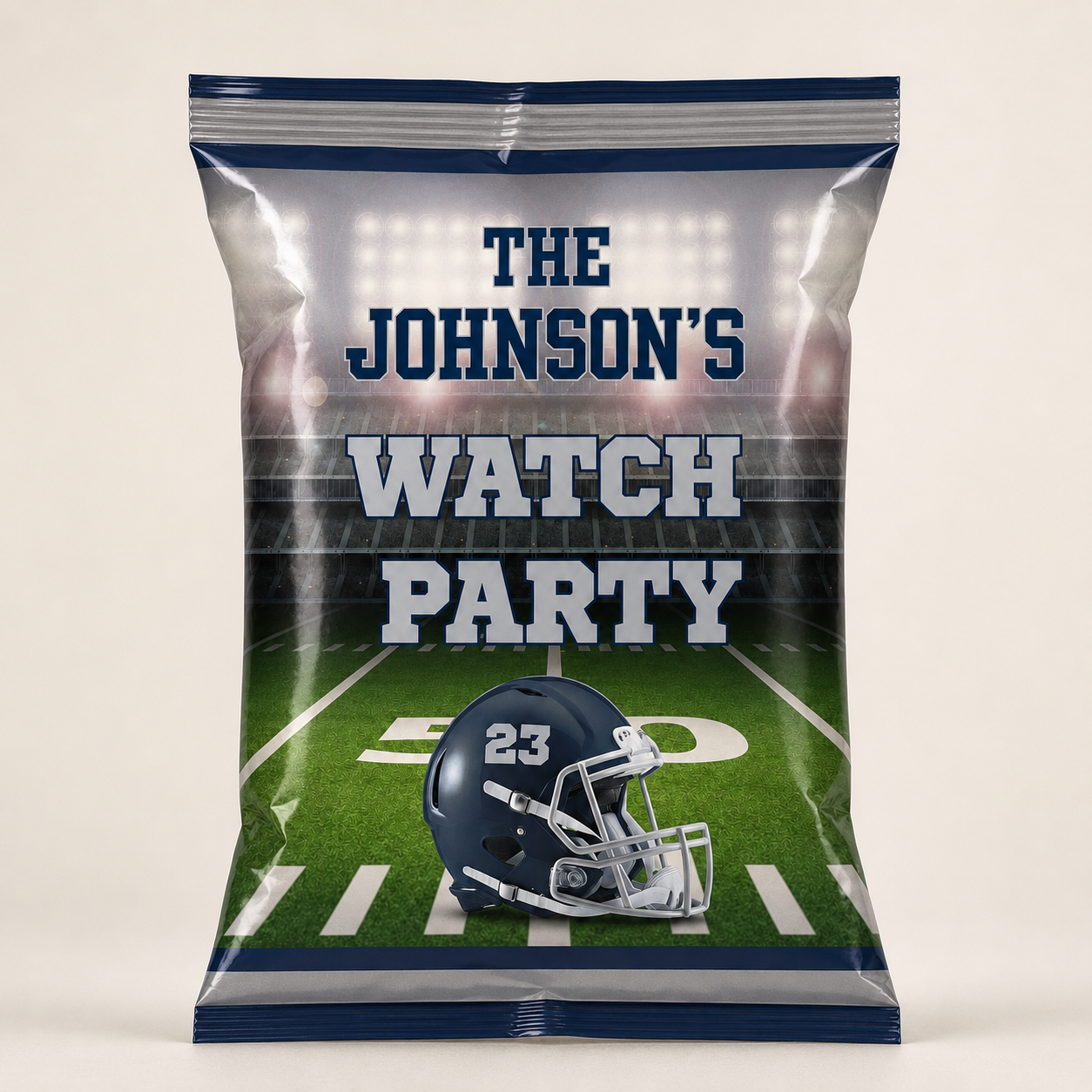 personalized football chip bag with custom watch party wording, navy and silver colors, stadium design and helmet number 23.