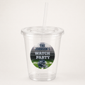 Personalized 16 oz clear football cup with fitted lid straw and custom circular game day sticker