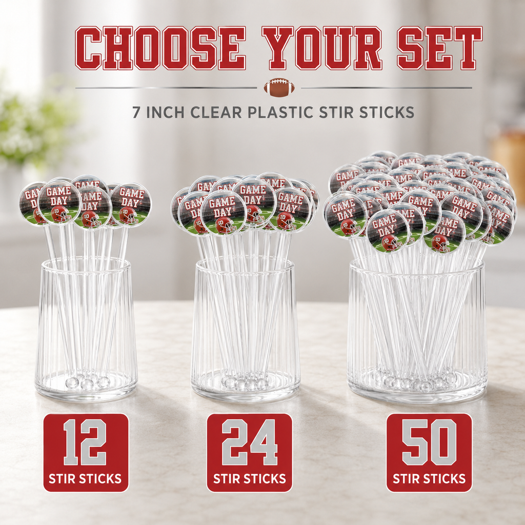 Seven inch clear football drink stir sticks available in personalized sets of twelve twenty four or fifty.
