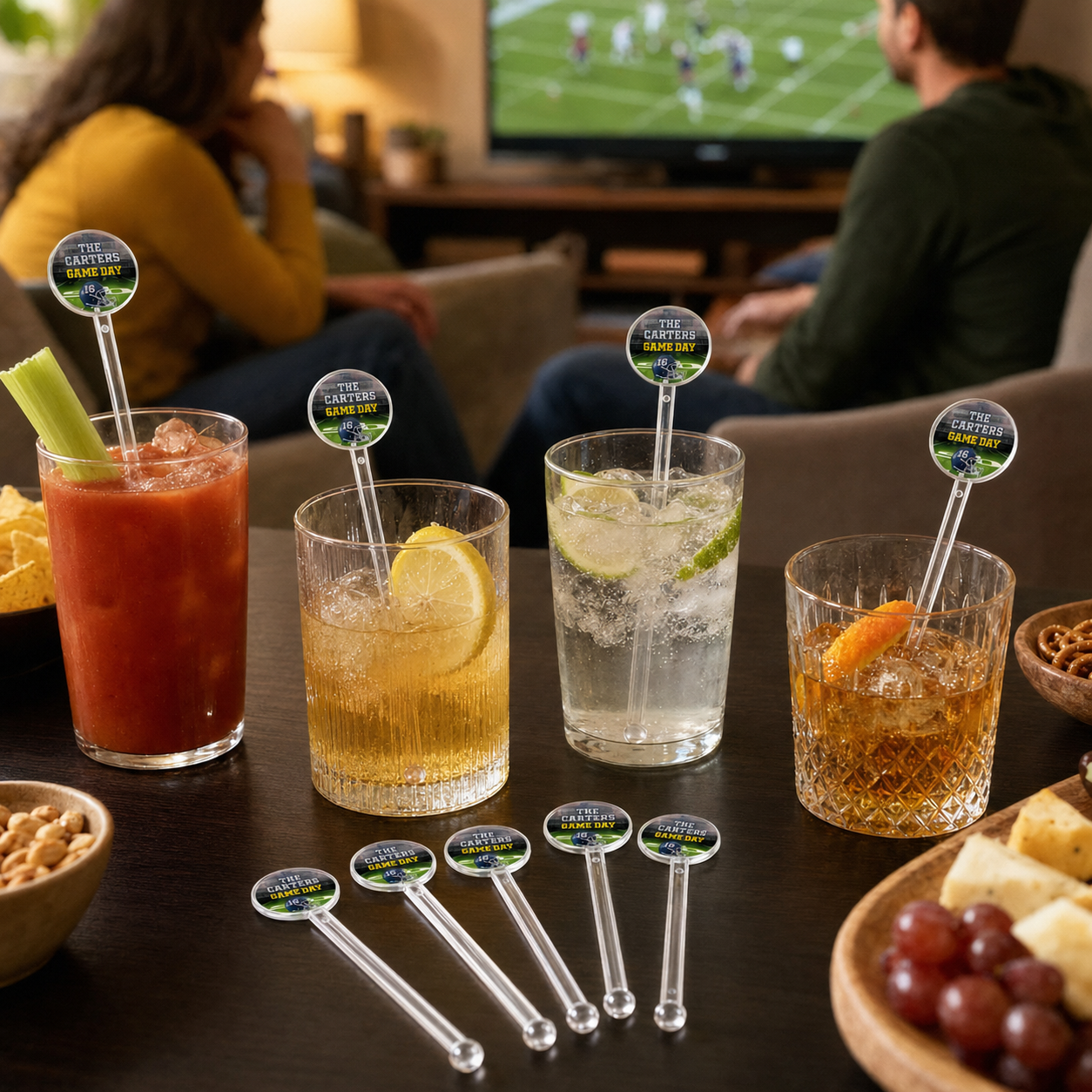 Green and yellow personalized football drink stir sticks displayed in beverages during a home watch party.