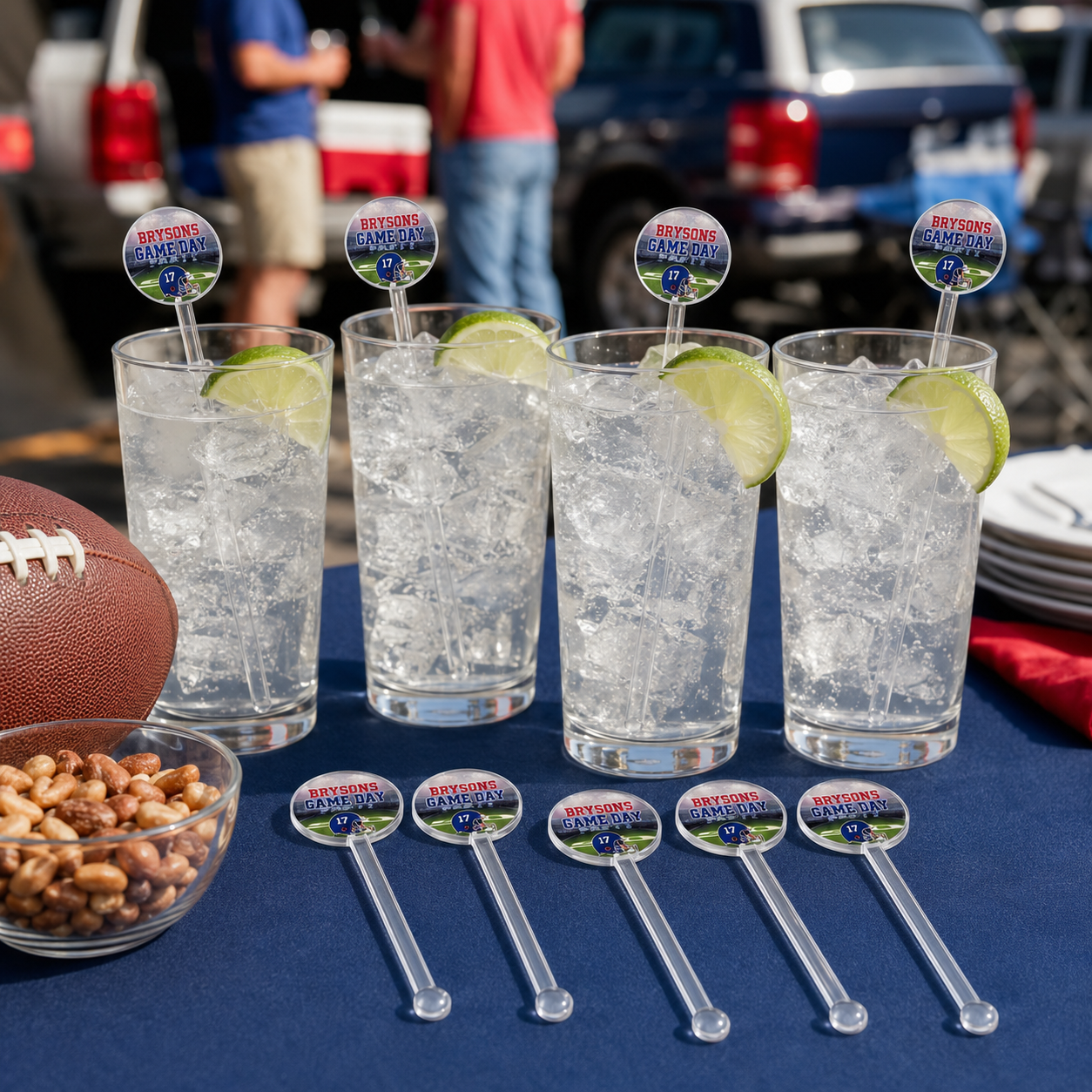 Royal blue and red personalized football drink stir sticks displayed in iced beverages at an outdoor tailgate.