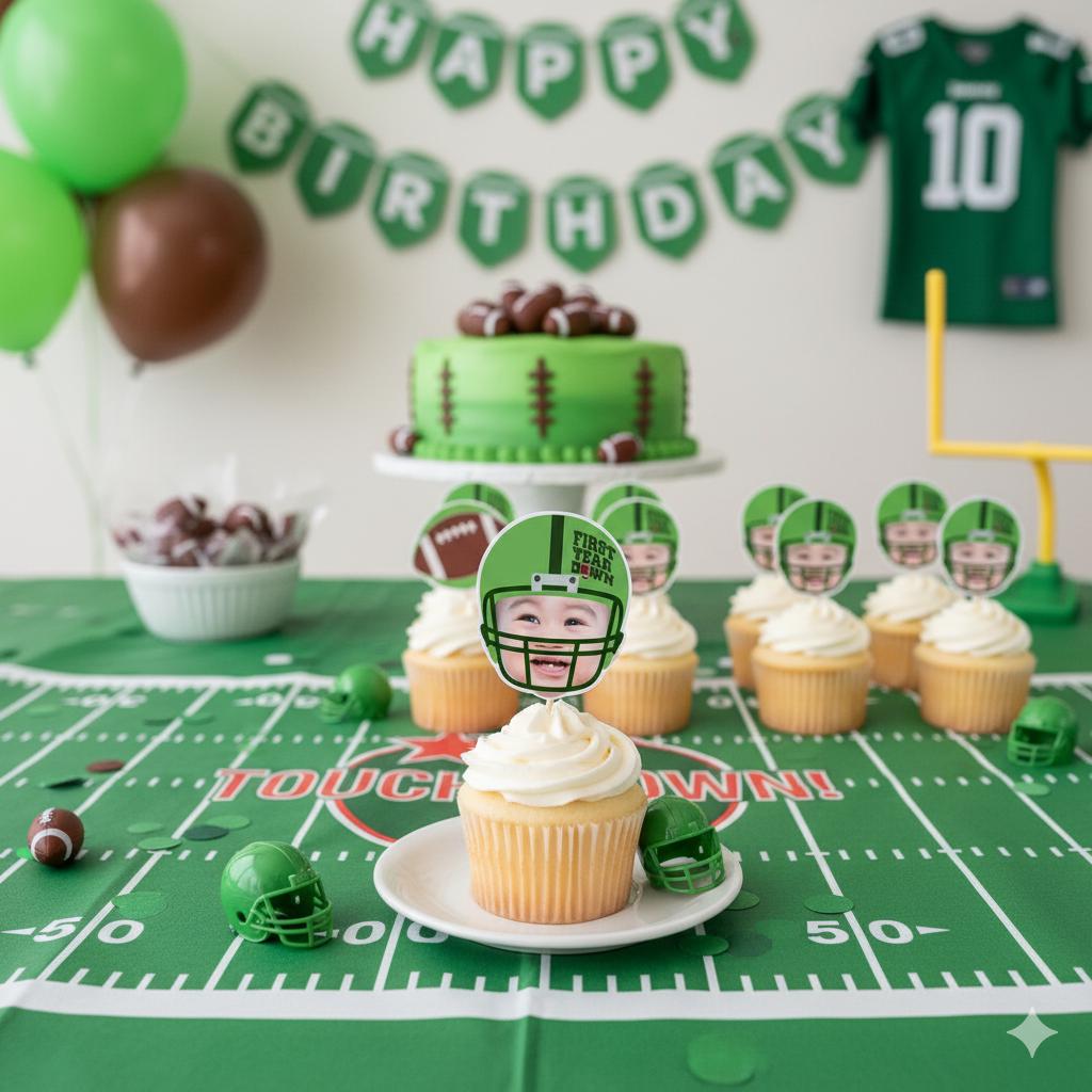 Football First Birthday decor featuring First Year Down personalized cupcake toppers styled on a green football field dessert table with smash cake, party favors, balloons, goal post prop, and sports themed birthday decorations for a baby boy 1st birthday celebration.