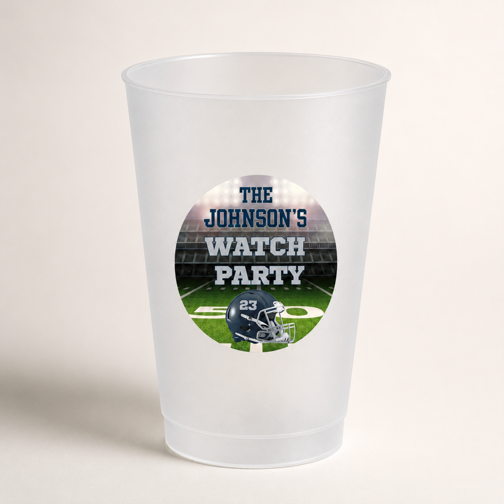 Personalized 16 oz frosted football flex cup with circular game day sticker and custom helmet number