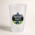 Personalized 16 oz frosted football flex cup with circular game day sticker and custom helmet number