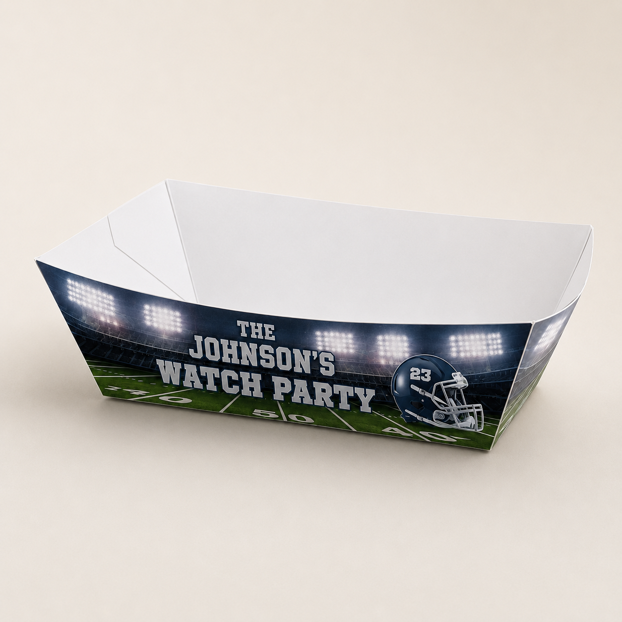 empty personalized football food tray with custom watch party wording, navy and silver colors, stadium design and helmet number 23.